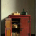 Red cabinet with books